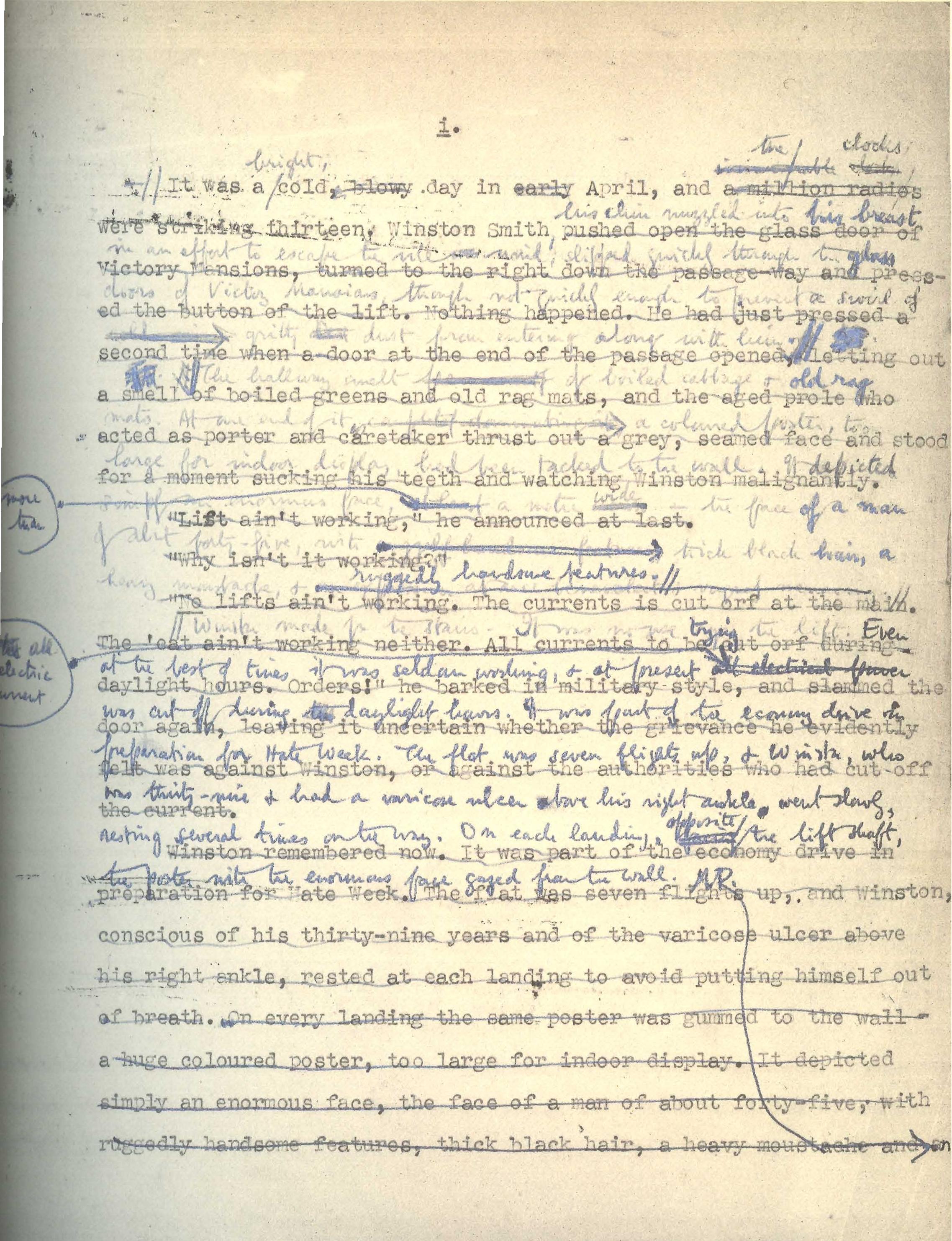 The first page of a heavily-edited manuscript of George Orwell's 1984